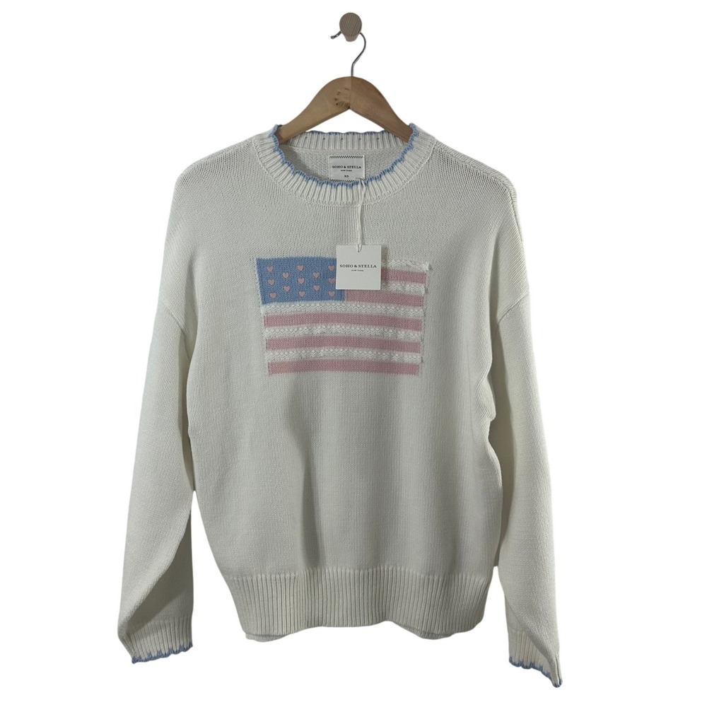 Soho & Stella New York American Flag Heart Lace Sweater White XS ST24253 NWT